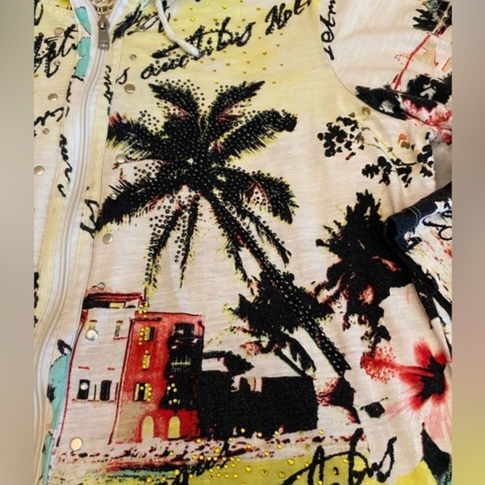 Onque Casuals tropical zip 3/4 sleeve shirt jacket rhinestone palm trees L - Picture 6 of 11